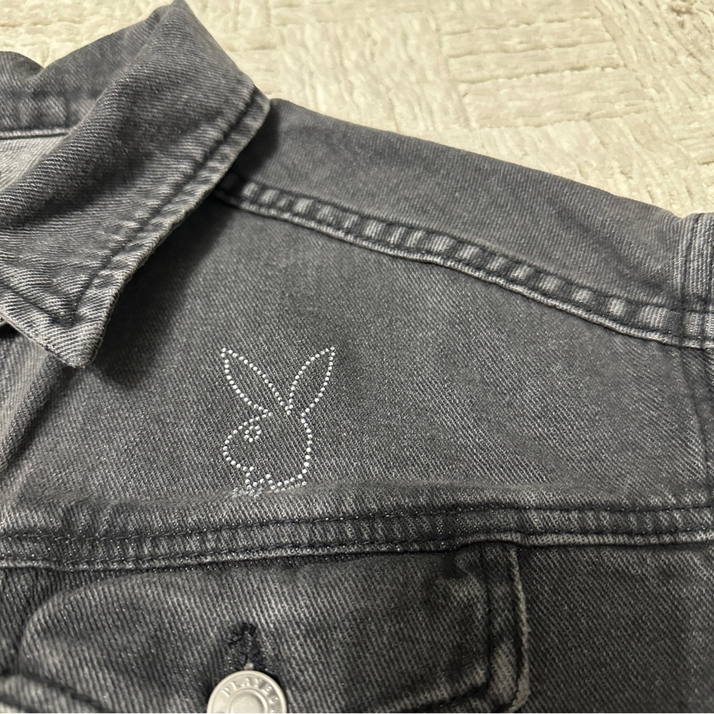 Playboy Pacsun Rhinestone Bling Cropped Black Denim Jacket NWT Logo - Picture 5 of 12